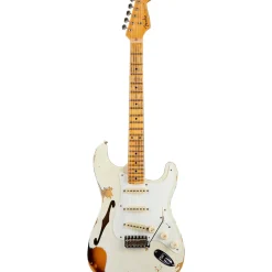 Fender Custom Shop 1956 Heavy Relic Thinline Stratocaster Electric Guitar Aged Olympic White Over Choc 2-Tone Sunburst