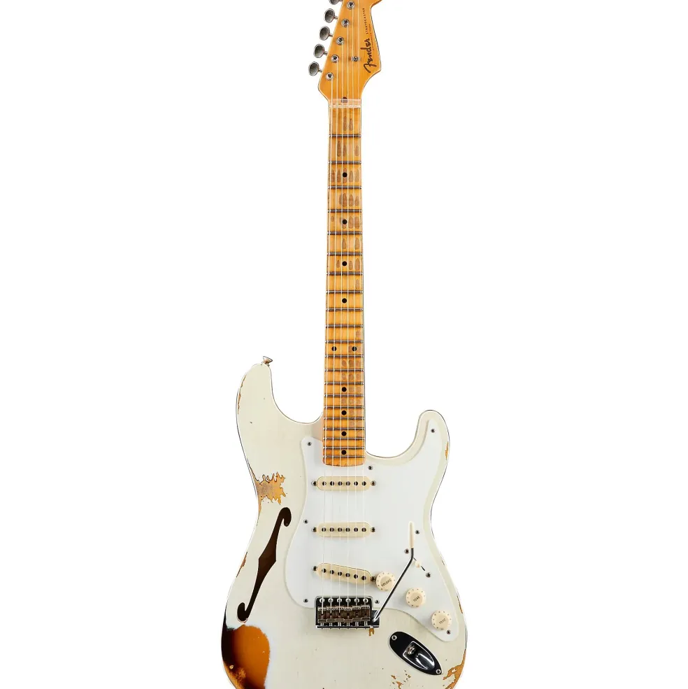 Fender Custom Shop 1956 Heavy Relic Thinline Stratocaster Electric Guitar Aged Olympic White Over Choc 2-Tone Sunburst