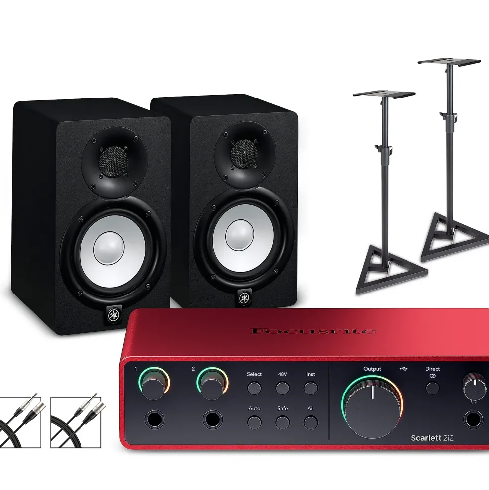 Focusrite Scarlett 2i2 Gen 4 with Yamaha HS Studio Monitor Pair Bundle (Stands & Cables Included) HS5
