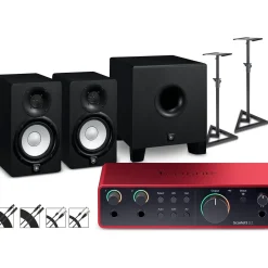 Focusrite Scarlett 2i2 Gen 4 With Yamaha HS Studio Monitor Pair & HS8S Subwoofer Bundle (Stands & Cables Included) HS5