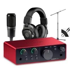 Focusrite Scarlett Solo Gen 4 With Audio-Technica Microphone & Sterling Studio Headphone Package (Stand & Cable Included)
