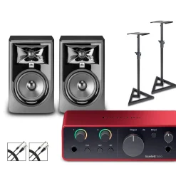 Focusrite Scarlett Solo Gen 4 With JBL 3 Series Studio Monitor Pair Bundle (Stands & Cables Included) 305MKII