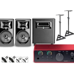 Focusrite Scarlett Solo Gen 4 with JBL 3 Series Studio Monitor Pair & LSR Subwoofer Bundle (Stands & Cables Included) 308MKII