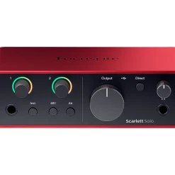 Focusrite Scarlett Solo Gen 4 with JBL 3 Series Studio Monitor Pair & LSR Subwoofer Bundle (Stands & Cables Included) 308MKII