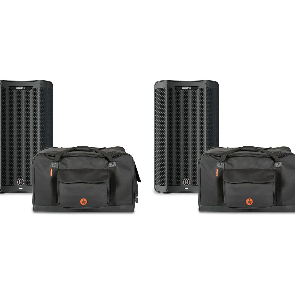 Harbinger VARI V3415 15" Powered Speakers Package With Avenue II Road Runner Bags
