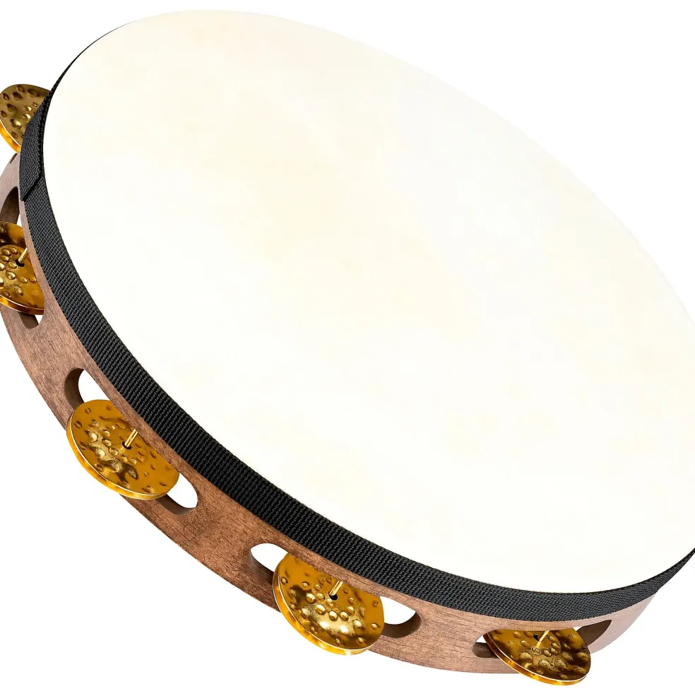MEINL Vintage Goat-Skin Wood Tambourine One Row Brass Jingles Walnut Brown 10 in.