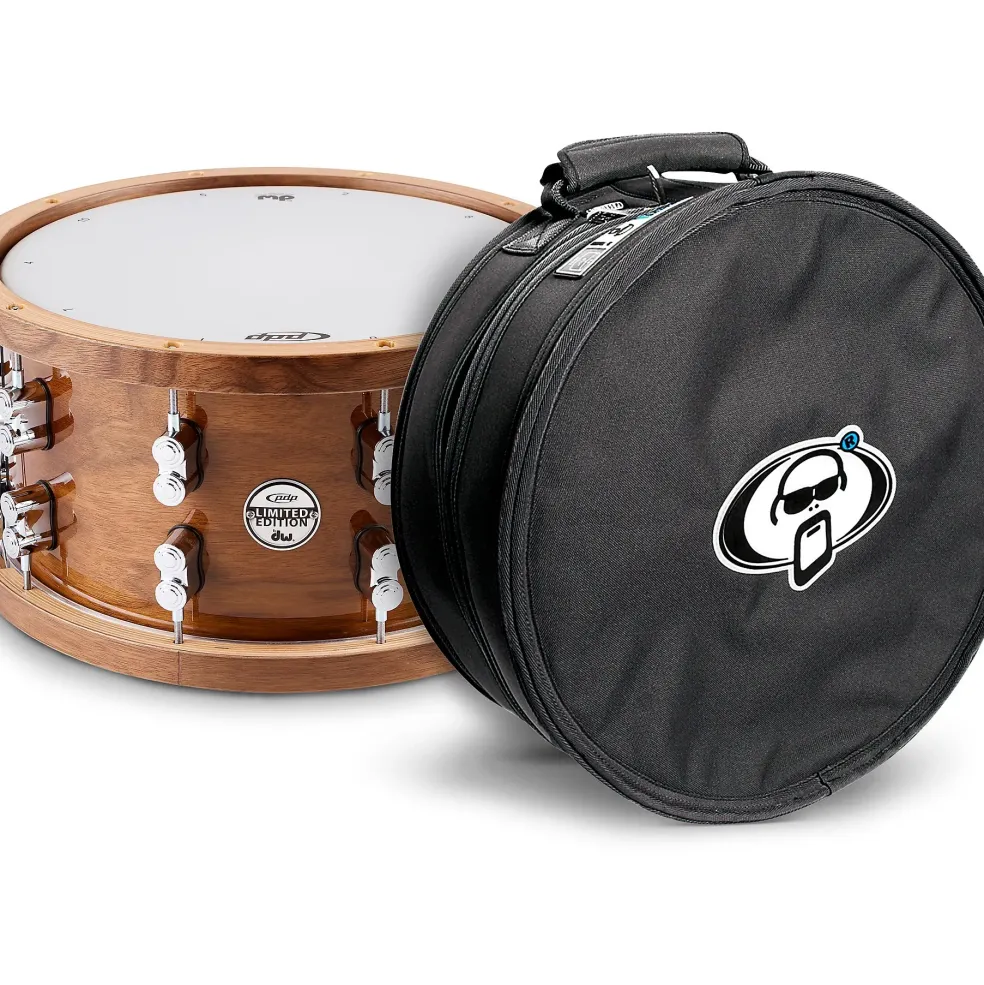 PDP by DW Limited-Edition Dark Stain Walnut and Maple Snare With Walnut Hoops and Chrome Hardware and Protection Racket Case