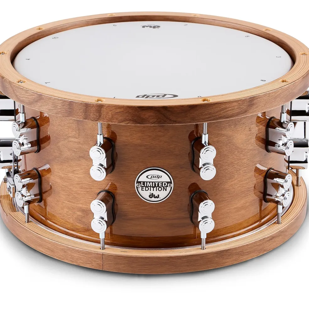 PDP by DW Limited-Edition Dark Stain Walnut and Maple Snare With Walnut Hoops and Chrome Hardware and Protection Racket Case
