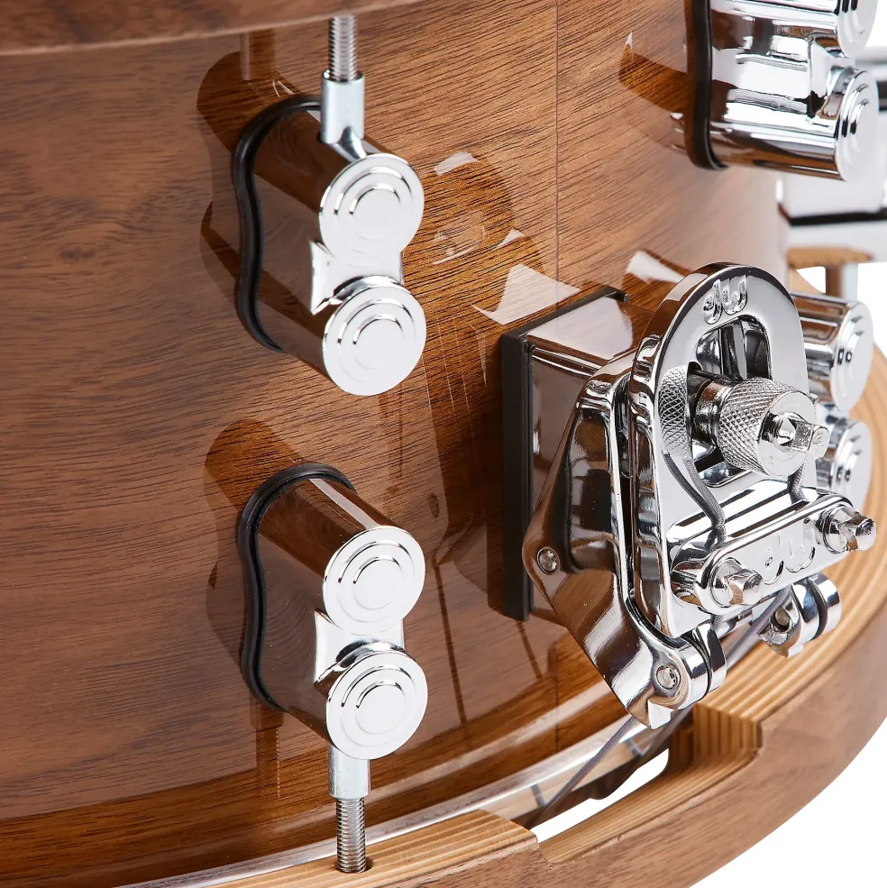 PDP by DW Limited-Edition Dark Stain Walnut and Maple Snare With Walnut Hoops and Chrome Hardware and Protection Racket Case