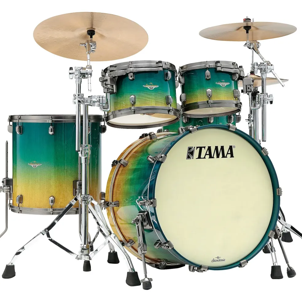 TAMA Starclassic Maple 4-Piece Shell Pack With 22" Bass Drum and Smoked Black Nickel Shell Hardware Marine Shoreline Movingui Fade