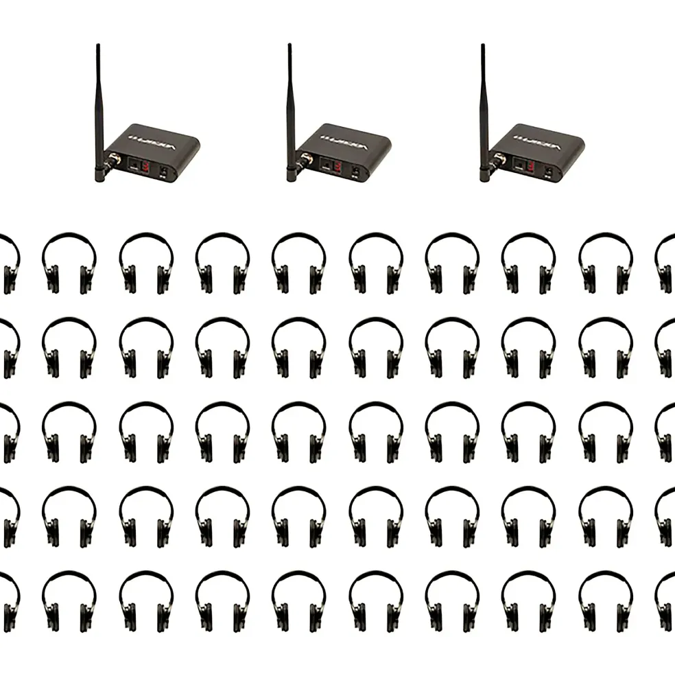 VocoPro Silent Disco-350 Package With 3 Transmitters and 50 Wireless LED Headphones, 908.70-926.30mHz