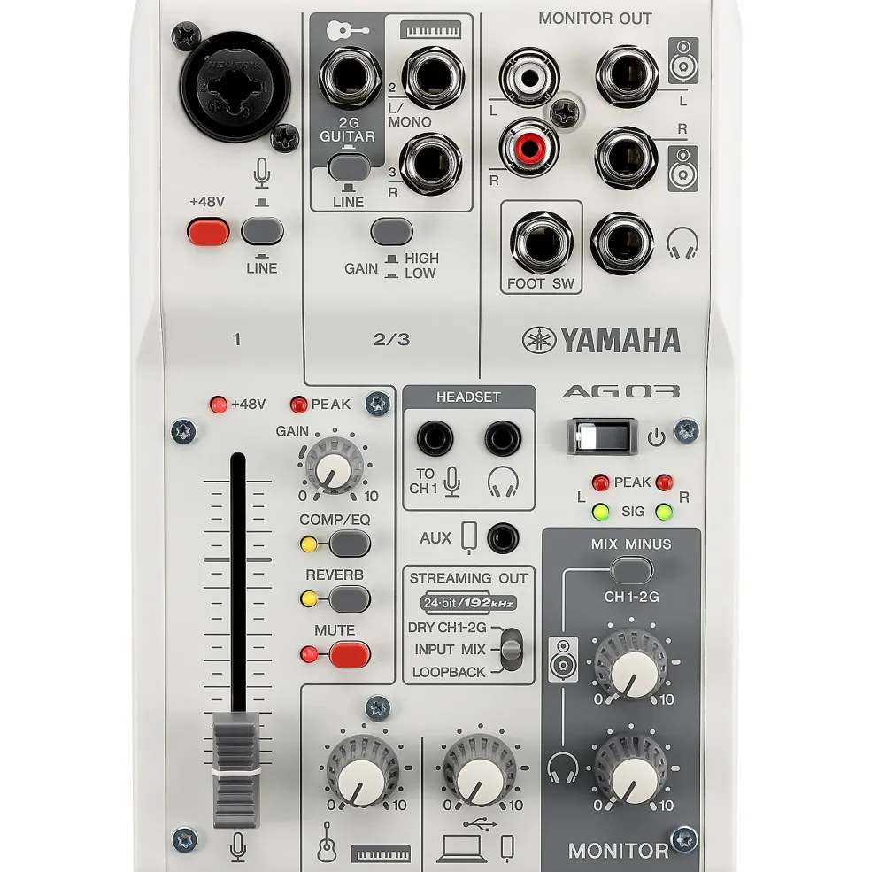 Yamaha AG03MK2 3-Channel Live Streaming Loopback Audio USB Mixer White